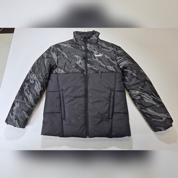 Puma Black & Gray Camo Print Puffer Windbreaker Coat Jacket sz S - Picture 1 of 2